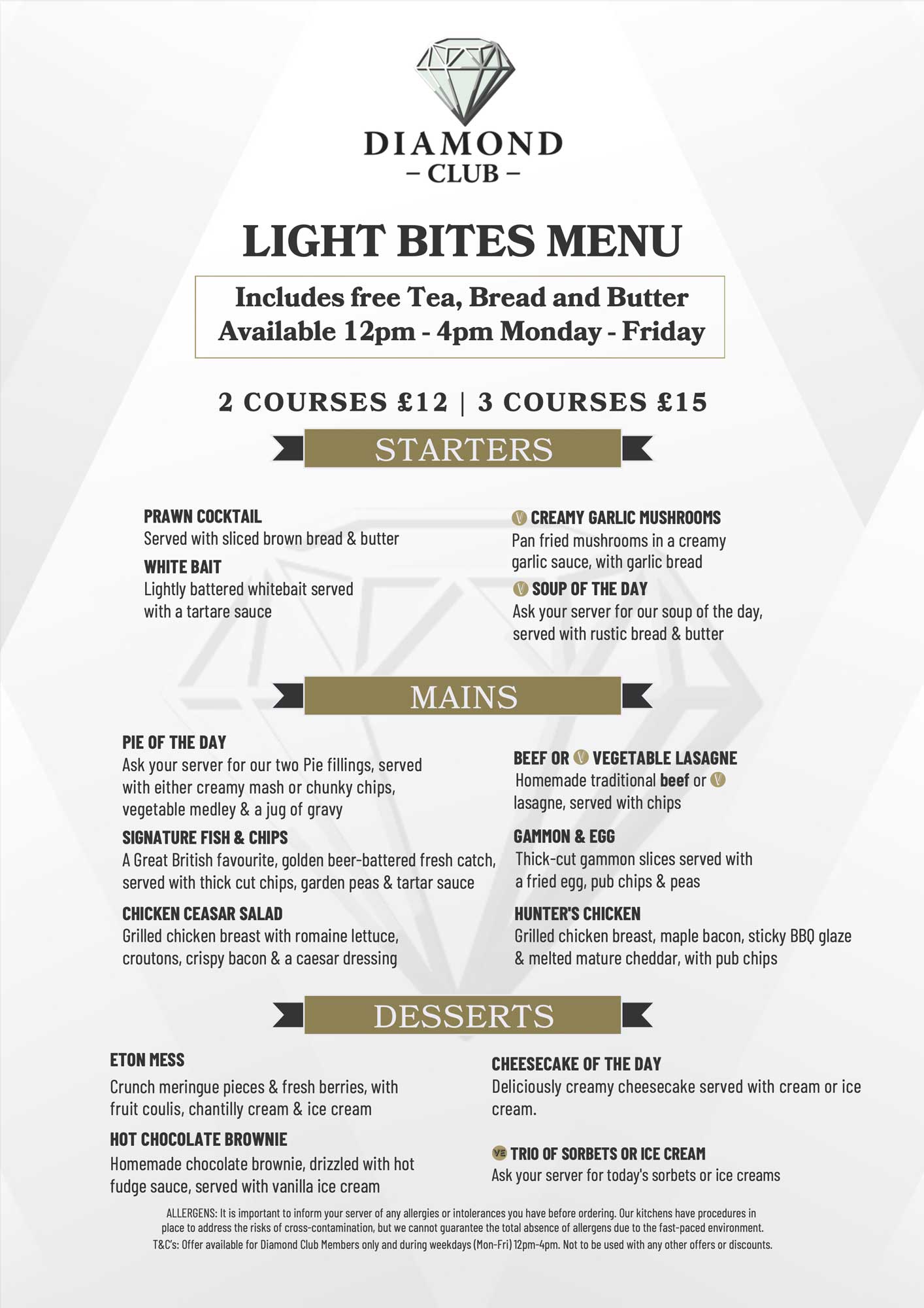 Diamond Club light Bites menu 